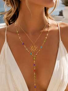 Bộ 2 dây chuyền pha lê thủy tinh nhiều màu sắc thanh lịch, được làm thủ công, kiểu dáng choker thời trang đa năng với mặt dây chuyền hình mặt trời, phù hợp để đeo hàng ngày và đi biển mùa hè, phụ kiện trang sức thời trang dành cho nữ. - Vàng - Xem 1