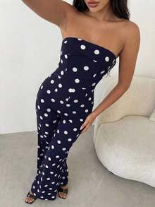 Glamour Mono de mujer, mono sin tirantes de punto a lunares blanco y negro - Azul - Ver 8