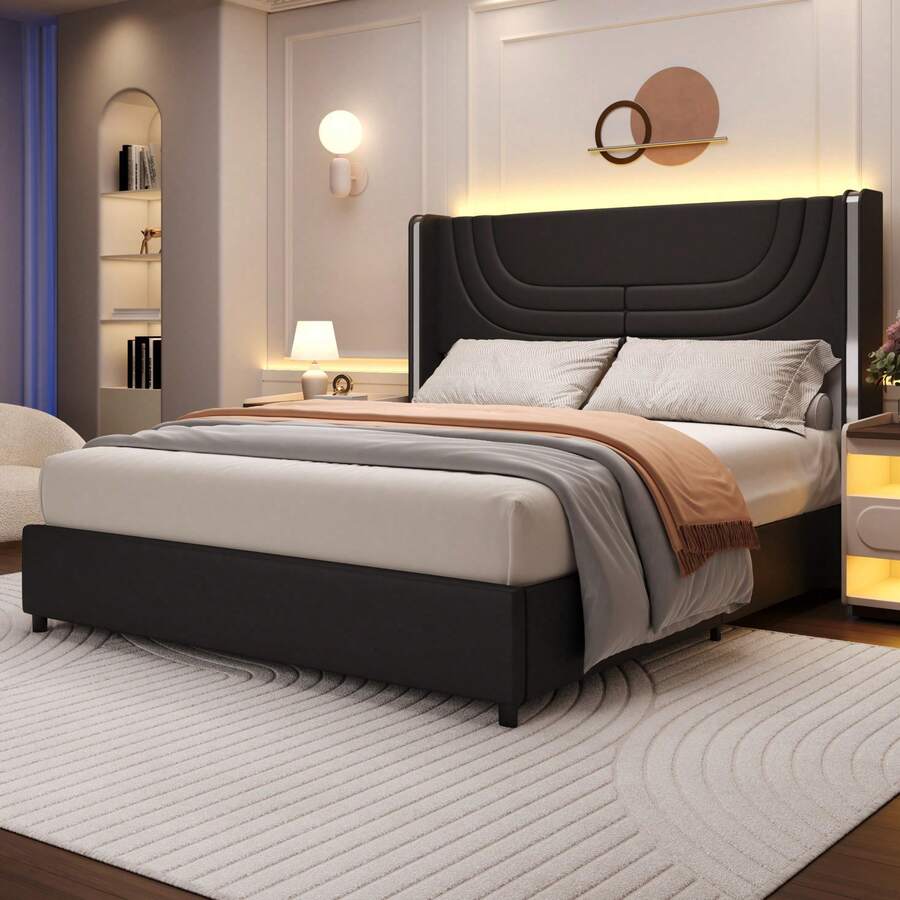 Modern LED Upholstered Bed Frame With Silver Wingback Headboard – Soft PU Leather, Platform Design, Easy Assembly, Twin Bed Frame / Full Bed Frame/ Queen Bed Frame / Twin /Full / Queen Size Bed Frame, Black/Pink/Beige (USB LED Strip) - 深黑 - 查看 1
