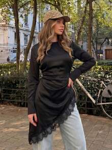 Elegant Women's Summer Clothing Vintage Lace Patchwork Top Women's Vacation Wear Asymmetric Hem Pullover Women's Casual Top Commute Street Black - Black - View 1