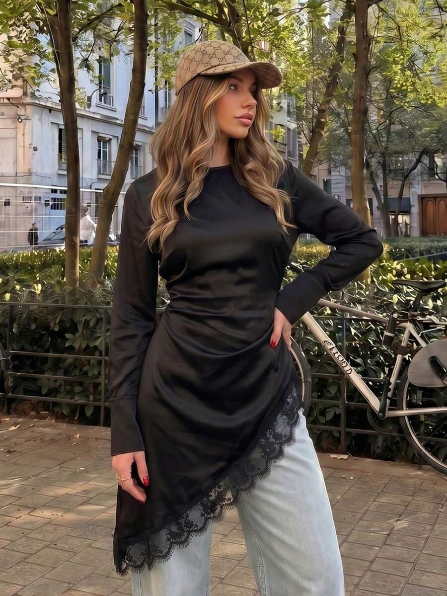 Elegant Women's Summer Clothing Vintage Lace Patchwork Top Women's Vacation Wear Asymmetric Hem Pullover Women's Casual Top Commute Street Black - Black - View 1