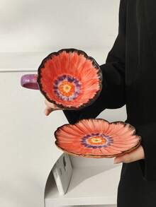一套ins风高品质手绘浮雕花卉陶瓷咖啡杯碟套装，带把手，包括马克杯、早餐牛奶杯、面包甜点盘、办公室下午茶咖啡杯、拉花杯、果汁饮料杯、情侣水杯，以及送给家人和朋友的节日礼物杯。 - 彩色 - 查看 8