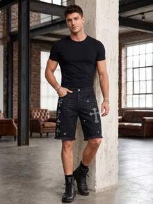 Shorts vaqueros de hombre con patrón de cruz de strass negros, shorts bermudas rectos y sueltos, estilo streetwear - Negro - Ver 5