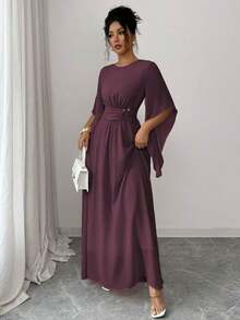 Vestido midi asimétrico con cintura elástica, cuello redondo, hebilla metálica en la cintura y falda acampanada, en color rosa sólido, para mujer, ideal para primavera/verano, ocasiones casuales, de vacaciones, tardes de té, San Valentín, bodas y fiestas, con estilo romántico francés y elegante de Sicilia - Granada - Ver 8