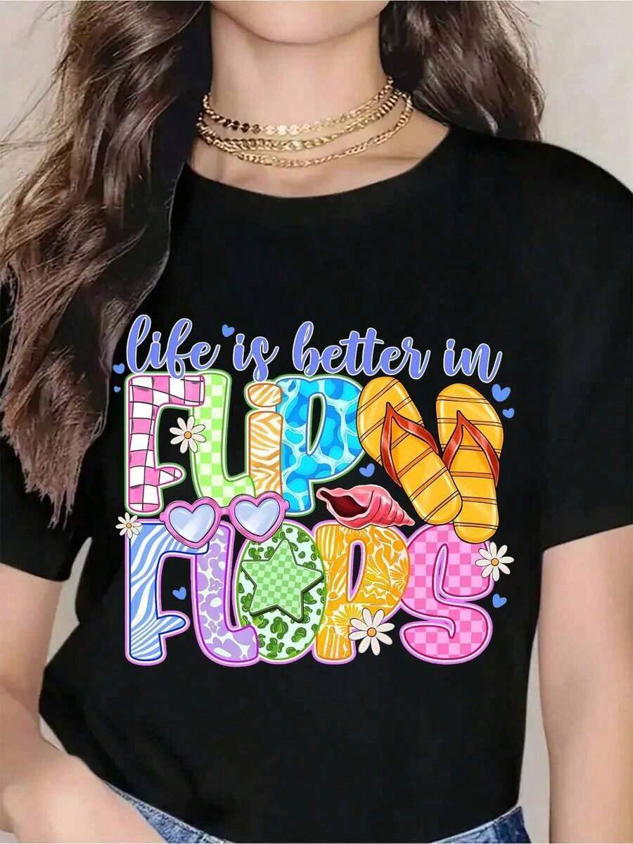 Life Is Better With Flip-Flops, Women's Summer T-Shirt, Fun And Casual Graphic Tee, Beach Vacation Outfit, Cute Summer Clothes For Girls. New Summer Arrivals: 100% Cotton Crew Neck T-Shirts. - 黑色 - 查看 1