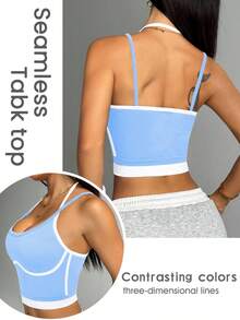 Women's High Elasticity Nylon Sports Vest - Breathable Contrast Color Fitness Top, Seamless Splicing Design, Suitable For Yoga, Pilates, Daily Fitness - Shaping Style And Beautiful Back Support, Simple Style, Comfortable Fit, Pressure-Free Support - 藍色 - 查看 4