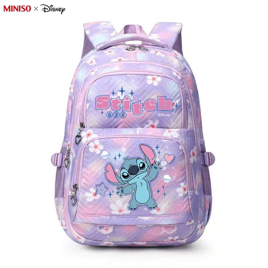 MINISO X Disney Stitch 626 Backpack, Purple Tie-Dye Floral School Bag Suitable For Office Work, Study, And Travel Use - Light Purple - View 1