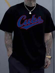 Men's Classic Cubs Sports T-Shirt, Urban Style, Loose Fit, 100% Cotton, Vintage Graphic Digital Print, For Summer, Fitness, Outdoor Fashion - 黑色 - 查看 1