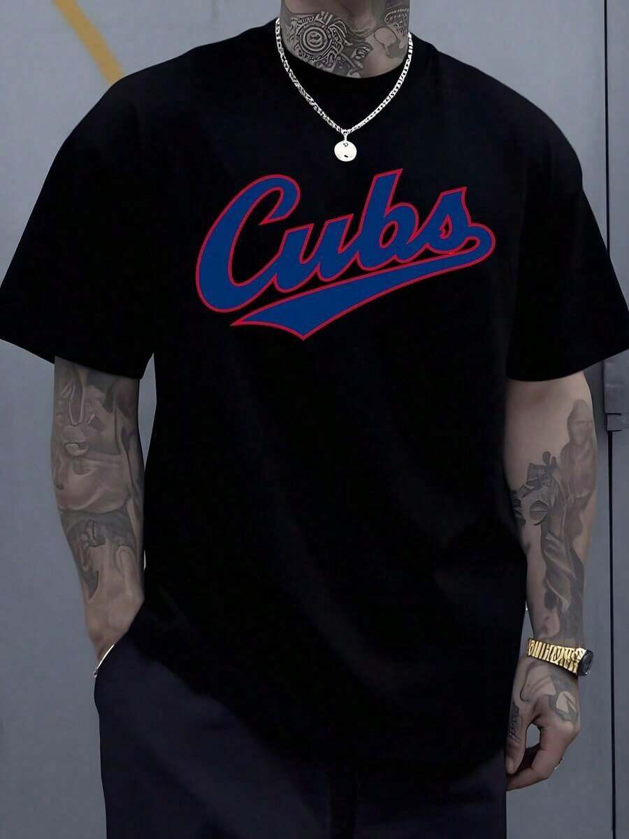 Men's Classic Cubs Sports T-Shirt, Urban Style, Loose Fit, 100% Cotton, Vintage Graphic Digital Print, For Summer, Fitness, Outdoor Fashion - 黑色 - 查看 1
