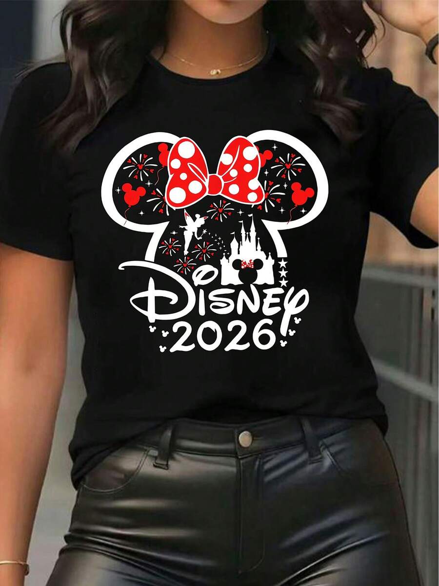 Disney Licensed Women'S Popular Printed T-Shirt Featuring Minnie Mouse'S Bow And A Fireworks Castle Design, Perfect For Casual Wear In Spring, Summer, And Autumn. This Stylish And Comfortable Round-Neck Tee Is Made From Stretchy Fabric And Embodies - màu đen - Xem 1
