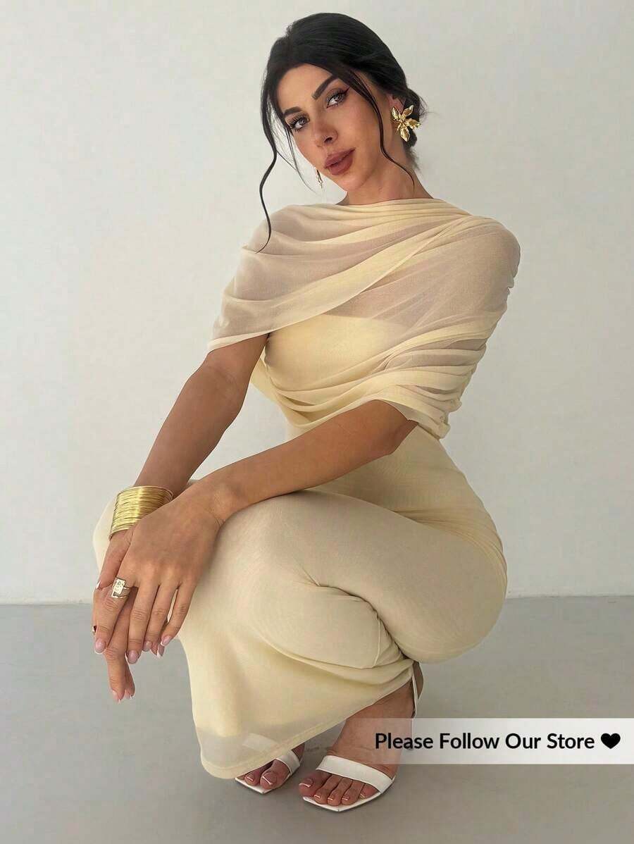 sfvsFirerie Vestido largo elegante y romántico con cuello de volantes sólido amarillo, cintura plisada asimétrica, ajustado, apropiado para la playa, el aeropuerto, las vacaciones y el trabajovfdw VUVN - Albaricoque - Ver 1