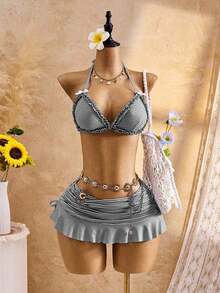 Bellisia Conjunto de traje de baño de 3 piezas para mujer con parte superior de bikini con cuello en V, tirantes y volantes, Bottom triangular y falda, para verano - Negro - Ver 3