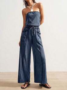 SUN Women's Knit Jumpsuit With Pockets And Adjustable Drawstring - Navy Blue - View 9
