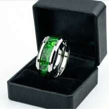 1pc Men's Dark Fairy Tale Ring, Black Tungsten Steel Band With Green Glow-In-The-Dark Fantasy Pattern, Gothic Style, Suitable For Halloween And Party Wear - Silver - View 6