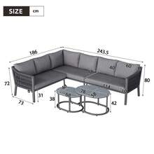 Conjunto de comedor de jardín, muebles de patio, 6 personas, configuración en esquina, hierro galvanizado, tablero de cristal, cuerda trenzada a mano, incluye dos mesas de centro y un sofá, gris - Gris - Ver 5