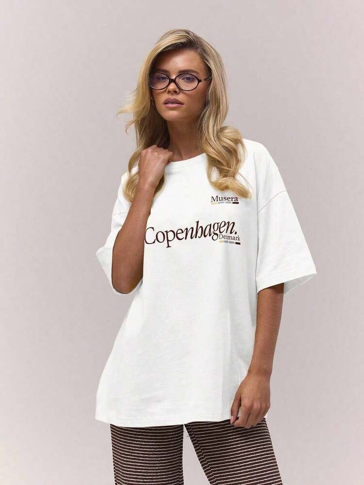 2026 Soft, Oversized Round Neck T-Shirt With Embroidery, Casual, Cute, Loose Fit, For Holidays, Comfortable Streetwear, Elegant Spring And Summer Top For Vacation. - 黑暗的 - 查看 11