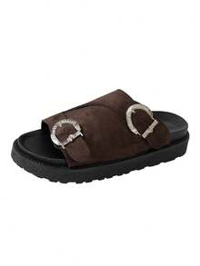 Wide Fit Solid Color Slip-On Design Open Toe Breathable Fashion Versatile Comfortable Lightweight Slip-On Solid Color Thick Sole One-Piece Slip-On Platform Casual Sandals Suitable For Daily Wear - Coffee Brown - View 6