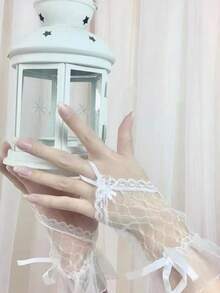 1双优雅蝴蝶结装饰蕾丝露指手套，适合万圣节、情人节、海滩、节日、婚礼和旅行等场合。 - 彩色 - 查看 2