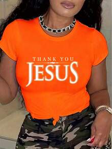 Camiseta de manga corta para mujer con estampado "THANK YOU JESUS", cuello redondo, lavable a máquina, cómoda, suave, transpirable, adecuada para primavera, verano y otoño. Holgada, casual, a la moda, ideal para uso diario, sencilla y versátil, tallas S-XXL. - rosa - Ver 10