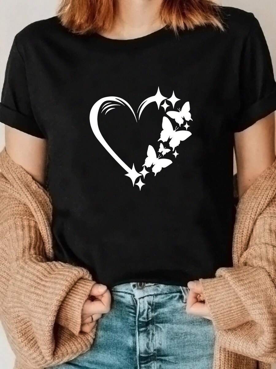 Heart And Butterfly Print T-Shirt, Stylish And Versatile, Suitable For All Skin Types, Perfect For Everyday Wear And Dates. - Black - View 1