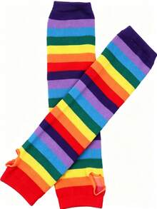 2pcs Rainbow Striped Fingerless Arm Sleeves, Y2K Style Knit Sun Protection Arm Warmers - Multicolor - View 8