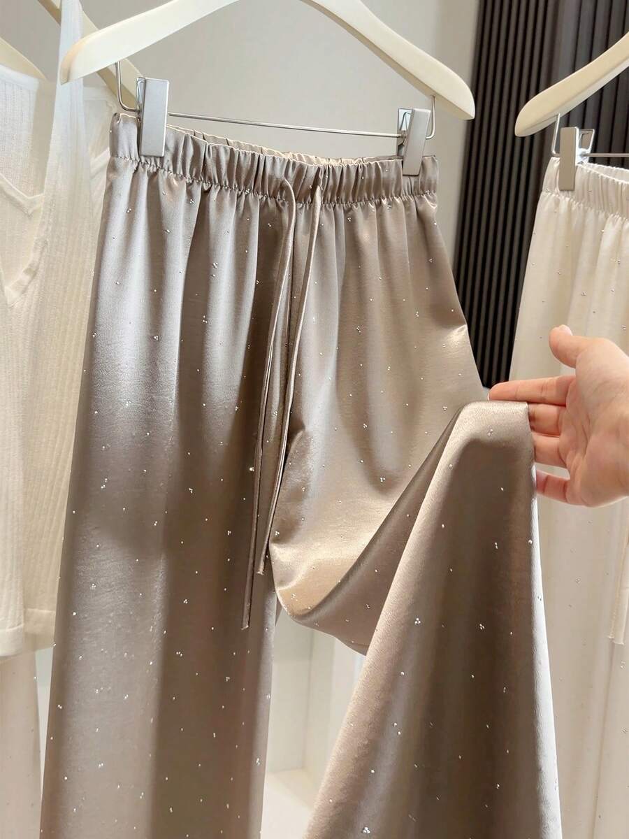 Women's High Waist Wide Leg Harem Pants - Floor Length Ice Satin Acetate Trousers, Lightweight, Suitable For Petite Height, Cool Drape, Machine Washable, For Elegant Casual, Office, Semi-Formal Wear - 香檳色 - 查看 1