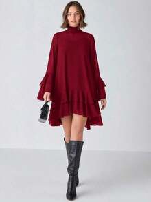 Vestido línea A de unicolor elegante con mangas volantes para mujeres - Burdeos - Ver 6