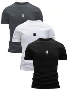 Men's Slim Fit T-Shirt, 1-Piece Set - Lightweight And Breathable Summer Casual T-Shirt With A Geometric Stripe Design, Crew Neck, And Short Sleeves. Perfect For Everyday Wear, Available In Black And White, Made Of Durable, Opaque Fabric. | Exquisite Design | Loose And Comfortable | Easy To Match | - 黑色 - 查看 1