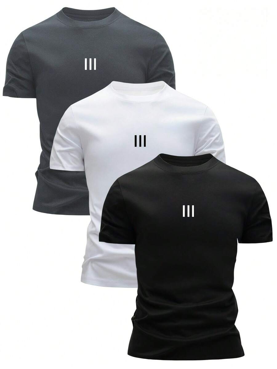 Men's Slim Fit T-Shirt, 1-Piece Set - Lightweight And Breathable Summer Casual T-Shirt With A Geometric Stripe Design, Crew Neck, And Short Sleeves. Perfect For Everyday Wear, Available In Black And White, Made Of Durable, Opaque Fabric. | Exquisite Design | Loose And Comfortable | Easy To Match | - 黑色 - 查看 1