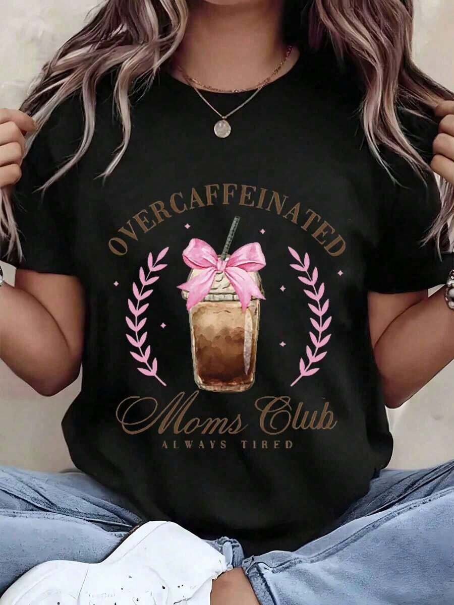 Women's T-Shirt With 'Overcaffeinated Moms Club Always Tired' Print, Coffee Jar Design With Pink Bow, Round Neck, Regular Fit, Casual Women's Clothing, Gift Idea, 220g, Loose Fit Blouse - 黑色 - 查看 1