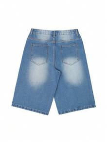 Quần short denim ống rộng dáng suông phong cách retro thường ngày dành cho nam, kiểu Bermuda hiphop. - Màu xanh lam - Xem 6