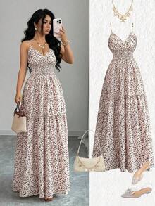Nuevo vestido elegante para jóvenes damas con diseño de lazo en la cintura, estampado floral diminuto y tirantes de espagueti para vacaciones - Multicolor - Ver 6