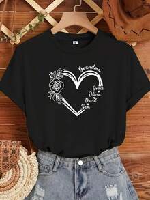 [Personalized Product] Personalized Heart-Shaped Name T-Shirt, Another Personalized Gift, Printed Name T-Shirt, Grandmother's Day Gift, Valentine's Day T-Shirt, Heart T-Shirt, Elegant Party Outfit/Elegant Ladies T-Shirt/Suitable Blouses For Curvy Women/Prom Skirts/Casual Wear - 黑色 - 查看 1