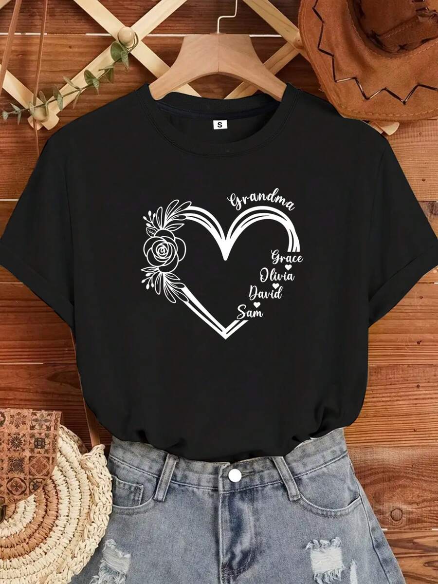 [Personalized Product] Personalized Heart-Shaped Name T-Shirt, Another Personalized Gift, Printed Name T-Shirt, Grandmother's Day Gift, Valentine's Day T-Shirt, Heart T-Shirt, Elegant Party Outfit/Elegant Ladies T-Shirt/Suitable Blouses For Curvy Women/Prom Skirts/Casual Wear - 黑色 - 查看 1