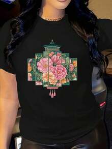 Women's Printed T-Shirt With Floral Peony And Pagoda Print Inspired By Chinese Design - Short Sleeve Top, Soft, Breathable, And Loose Fit With Traditional Chinese Motifs In Green, Beige, Pink, And Gold - Casual And Elegant Shirt For All Seasons (Machine Washable) Casual Wear - 黑色 - 查看 6