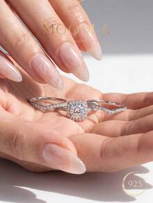 Bộ 1 chiếc nhẫn vuông bất đối xứng bằng bạc Sterling 925, thích hợp cho nữ đeo hàng ngày, làm quà cầu hôn, quà kỷ niệm, quà hẹn hò. - Bạc - Xem 5