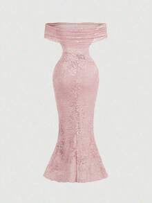 xheSHEIN MOD Elegante vestido de fiesta de cola de sirena en color burdeos con textura y hombros descubiertosxhe - Rosa - Ver 4