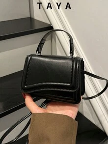 女士时尚迷你黑色PU皮革手提包，简约纯色轻便斜挎单肩包，适合日常休闲、户外购物、聚会等场合。 - 黑色 - 查看 2