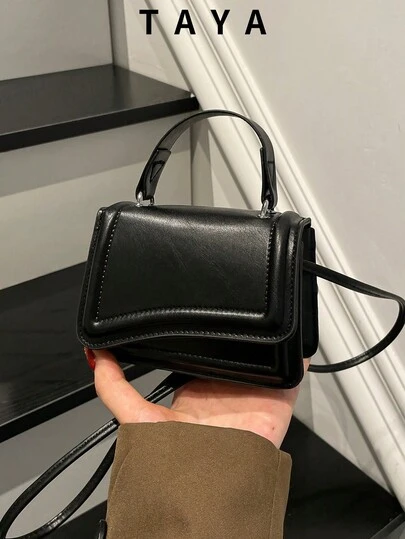 Túi xách mini nữ màu đen bằng da PU, kiểu dáng tối giản, màu trơn, nhẹ, thích hợp cho sử dụng hàng ngày, đi mua sắm ngoài trời, dự tiệc và các dịp khác.