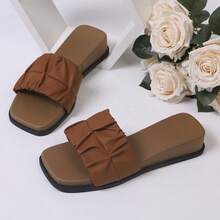 Women's Pleated Simple Solid Color Square Toe One-Strap Wedge Platform Casual Slide Sandals, Brown PU Material, Suitable For Daily Commute In Summer - Brown - View 7