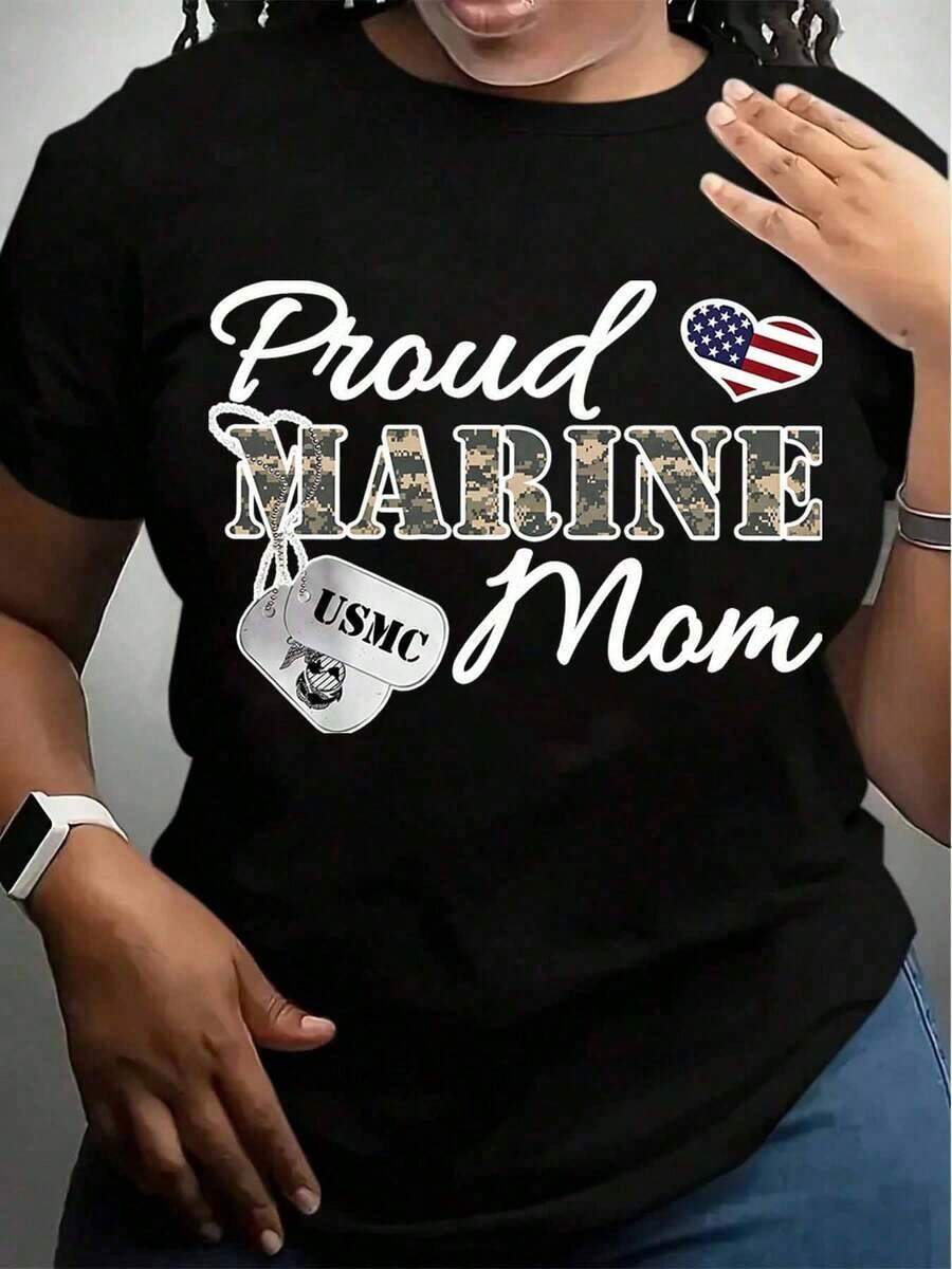 1 "Proud Marine Mom" T-Shirt With American Flag Heart Design And Dog Tags To Support Military Families And Patriotic Occasions, 220g180g 100% Cotton. - 黑色 - 查看 1