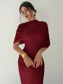 Vestido ajustado con cuello de volantes, cintura plisada y asimétrico, color amarillo sólido elegante y romántico.Atuendo para playa, aeropuerto, vacaciones y maestros. - Burdeos - Ver 2