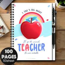 1 Set Teacher's Day Appreciation Spiral Notebook With Pen, Cover Featuring Vibrant Red Apple And Rainbow, Inscription "My Heart Is Broad, To The Awesome Teacher". 100 Pages/50 Sheets, Suitable For Work Records, Study Notes, Diary Writing, Also An Thoughtful Gift For Graduation, Birthday And Other Occasions. - B - View 1