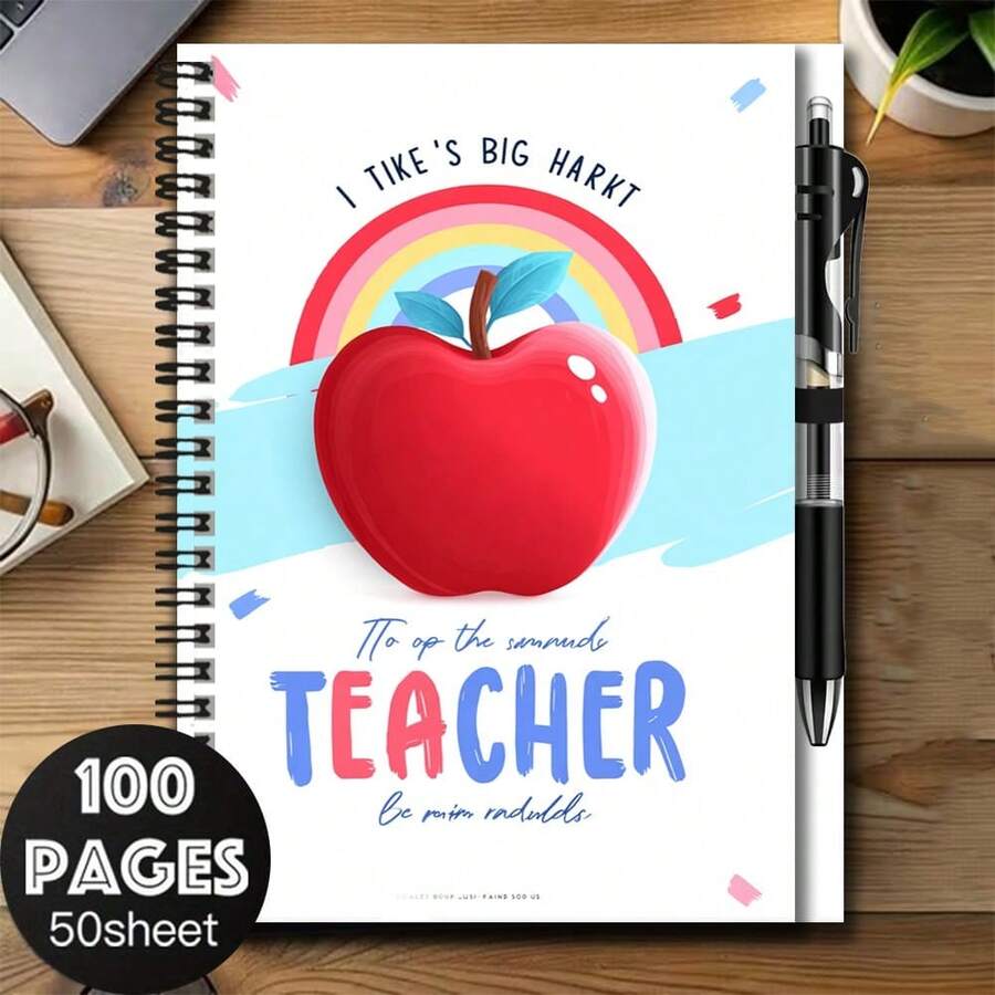 1 Set Teacher's Day Appreciation Spiral Notebook With Pen, Cover Featuring Vibrant Red Apple And Rainbow, Inscription "My Heart Is Broad, To The Awesome Teacher". 100 Pages/50 Sheets, Suitable For Work Records, Study Notes, Diary Writing, Also An Thoughtful Gift For Graduation, Birthday And Other Occasions. - B - View 1