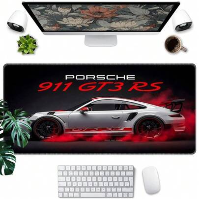 1 tấm lót chuột chơi game cỡ lớn hình xe 911 GT3 RS, màu trắng với hiệu ứng khói đỏ, nền đen, đế chống trượt, kích thước lớn, phù hợp cho game thủ và người đam mê xe hơi, trang trí nhà cửa.