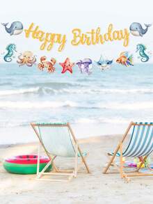 1組海洋主題生日快樂橫幅裝飾，海洋生物圖案生日派對橫幅，海洋生日派對裝飾，1歲生日橫幅，嬰兒洗禮裝飾，生日派對用品，水下世界生日派對背景裝飾，美人魚派對裝飾 - 海洋 - 查看 5