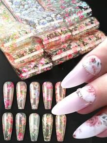 10片玫瑰蕾絲花卉印花春季美甲貼紙，彩色優雅牡丹花美甲貼花，夏季婚禮美甲裝飾DIY美甲貼花（非黏性） - 彩色 - 查看 1