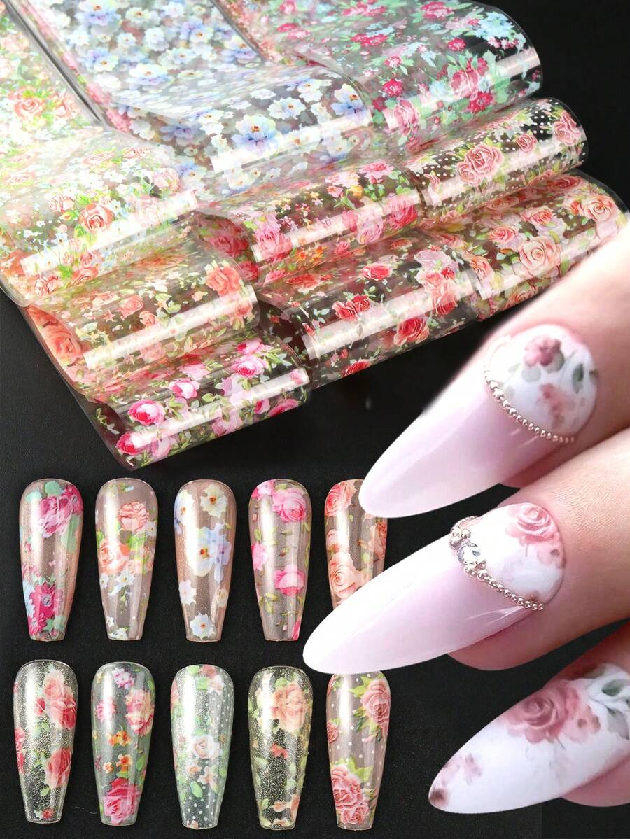 10片玫瑰蕾絲花卉印花春季美甲貼紙,彩色優雅牡丹花美甲貼花,夏季婚禮美甲裝飾DIY美甲貼花(非黏性) - 彩色 - 查看 1
