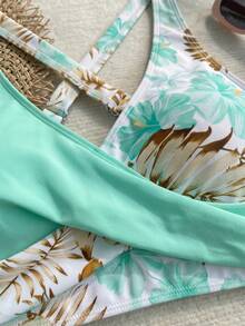 New Sexy Elegant Floral Print Solid Color Fabric Swimwear, Criss-Cross Contrast Shoulder Strap Design, Tankini Swimwear Summer Vacation Beach, Resort Wear - Cadet Blue - View 7
