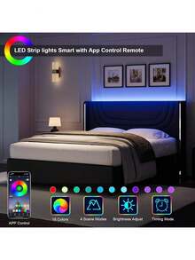 Modern LED Upholstered Bed Frame With Silver Wingback Headboard – Soft PU Leather, Platform Design, Easy Assembly, Twin Bed Frame / Full Bed Frame/ Queen Bed Frame / Twin /Full / Queen Size Bed Frame, Black/Pink/Beige (USB LED Strip) - 深黑 - 查看 2